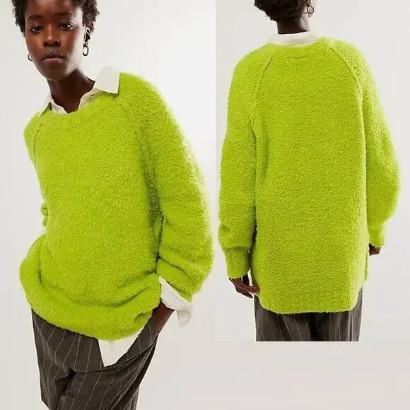 Free People Oversized Sweater Wool Blend Teddy Tunic Green Size XL Preppy Boho - Picture 3 of 9